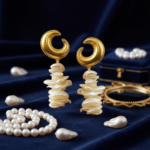 🆕️Crescent Moon Earrings with Baroque Pearls 18K Gold Plated Statement Jewelry - Picture 12 of 12